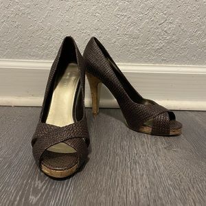 Nine West Brown Raffia Weave Woven Cork Heels Summer Shoes Pumps 7.5